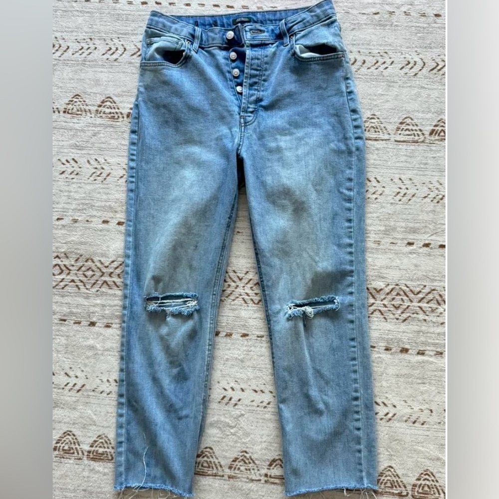 High-waisted straight leg ripped denim jeans